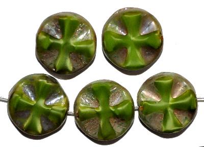 Glasperlen / Table Cut Beads
 Perlettglas grün,
 geschliffen mit burning silver picasso finish,
 hergestellt in Gablonz / Tschechien