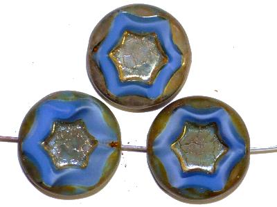 Glasperlen / Table Cut Beads geschliffen
 mit eingeprägtem Stern, 
 Perlettglas blau mit burning silver picasso finish,
 hergestellt in Gablonz / Tschechien