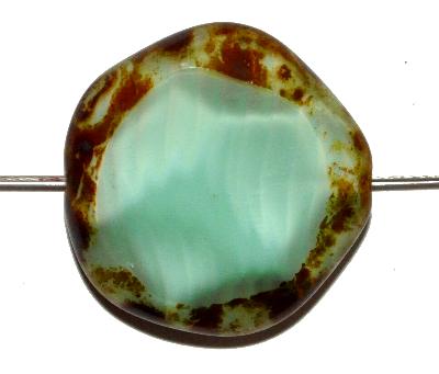 Glasperlen geschliffen / Table Cut Beads,
 Perlettglas mintgrün mit picasso finish,
 hergestellt in Gablonz / Tschechien