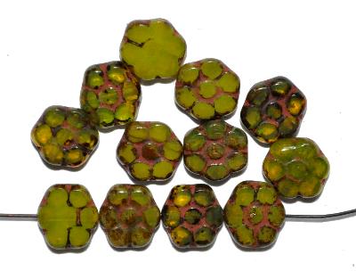 Glasperlen / Table Cut Beads geschliffen 
 Opalglas oliv mit picasso finish,
 hergestellt in Gablonz / Tschechien
