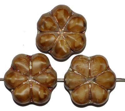 Glasperlen / Table Cut Beads, Perlettglas camel, geschliffen mit burning silver picasso finish, hergestellt in Gablonz / Tschechien