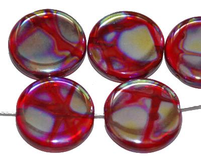 Glasperlen Scheibe
 rot transp. mit metallic Ornament,
 hergestellt in Gablonz / Tschechien