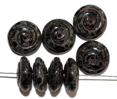 Glasperlen Linse mit eingeprägtem Ornament,
 schwarz mit picasso finish,
 hergestellt in Gablonz / Tschechien
