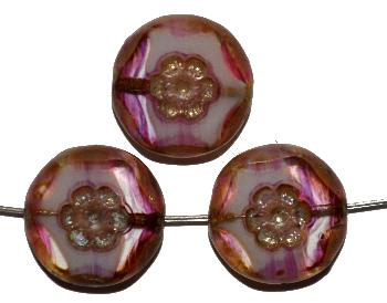 Glasperlen geschliffen / Table Cut Beads,
 rosa weiß, mit eingepägtem Blütenornament,
 burning silver picasso finish, hergestellt in Gablonz / Tschechien