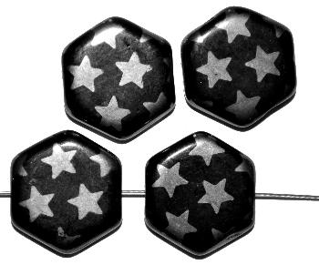 Glasperlen Scheibe sechseckig
 schwarz mit metallic Ornament,
 hergestellt in Gablonz / Tschechien