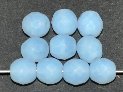 facettierte Glasperlen, 
 Opalglas hellblau mattiert, 
 hergestellt in Gablonz / Böhmen