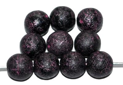 Glasperlen rund, schwarz violett, Oberfläche strukturiert und mattiert (frostet), hergestellt in Gablonz / Tschechien