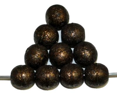 Glasperlen rund, schwarz mit bronze finish, Oberfläche strukturiert und mattiert (frostet), hergestellt in Gablonz / Tschechien