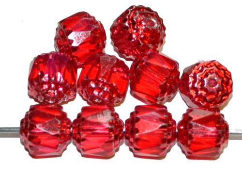 facettierte Glasperlen / Barockperlen
 mit Silberauflage und Wachsüberzug rot,
 hergestellt in Gablonz / Tschechien