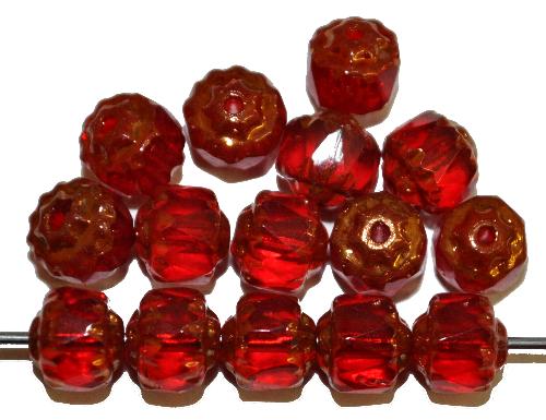 facettierte Glasperlen / Barockperlen 
 rot transp. mit Bronzeauflage,
 hergestellt in Gablonz / Tschechien