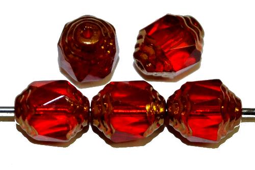 facettierte Glasperlen / Barockperlen 
 rot transp. mit Goldauflage,
 hergestellt in Gablonz / Tschechien