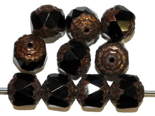 facettierte Glasperlen / Barockperlen
 schwarz mit Bronzeauflage,
 hergestellt in Gablonz / Tschechien
