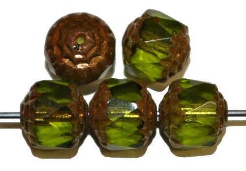 facettierte Glasperlen / Barockperlen
 grün mit Bronzeauflage,
 hergestellt in Gablonz / Tschechien