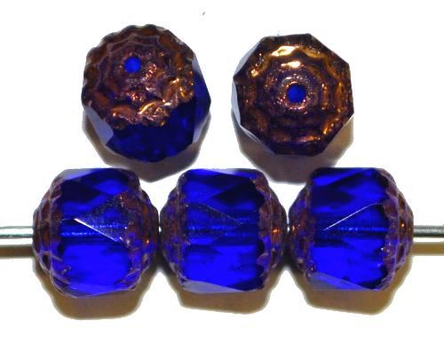 facettierte Glasperlen / Barockperlen
 blau transp. mit Bronzeauflage,
 hergestellt in Gablonz / Tschechien