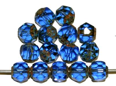 geschliffene Glasperlen,
 blau transp. mit picasso finish,
 hergestellt in Gablonz / Tschechien