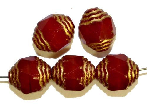 facettierte Glasperlen / Barockperlen
 rot opak mit Goldauflage,
 hergestellt in Gablonz / Tschechien