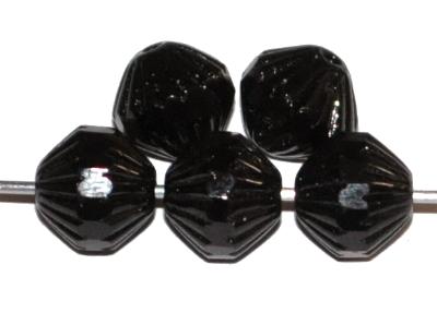 Glasperlen mit geschliffenem Band
 schwarz opak,
 hergestellt in Gablonz / Tschechien