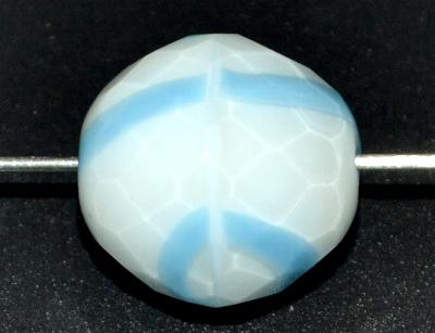facettierte Glasperlen, Alabasterglas weis mit türkisblauen Streifen, hergestellt in Gablonz / Tschechien