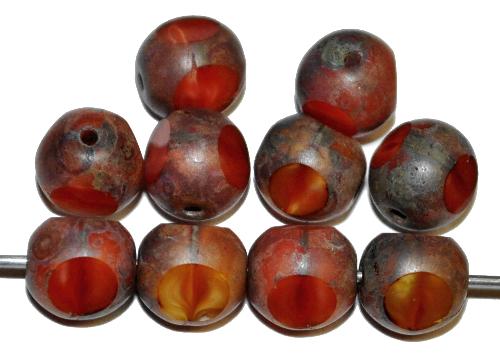 Glasperlen geschliffen
 Multi Cut Beads
 orange rot gelb Perlettglas 
 und picasso finish,
 hergestellt in Gablonz / Tschechien