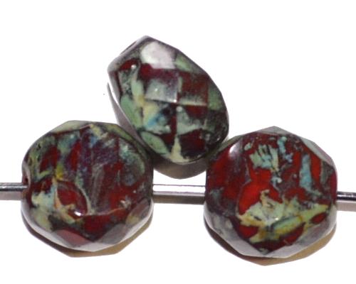 geschliffene Glasperlen
 Multi Cut Beads
 rot opak mit picasso finish,
 hergestellt in Gablonz / Tschechien