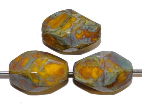 geschliffene Glasperlen
 Multi Cut Beads
 gelb opak mit picasso finish,
 hergestellt in Gablonz / Tschechien
 
