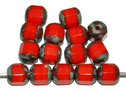 geschliffene Glasperlen / lampion beads
 rot opak mit picasso finish,
 hergestellt in Gablonz / Tschechien