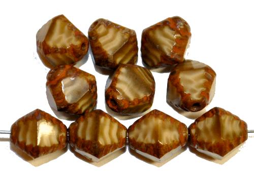 geschliffene Glasperlen 
 Multi Cut Beads 
 beige braun meliert mit picasso finish,
 hergestellt in Gablonz / Tschechien