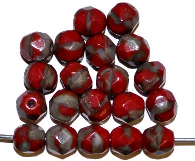 facettierte Glasperlen rot grau opak, hergestellt in Gablonz Tschechien