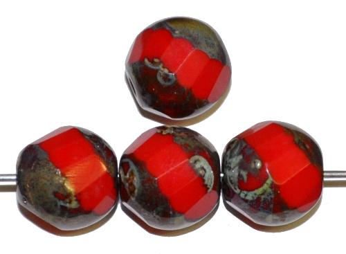 geschliffene Glasperlen
 Multi Cut Beads, rot opak
 mit picasso finish,
 hergestellt in Gablonz / Tschechien