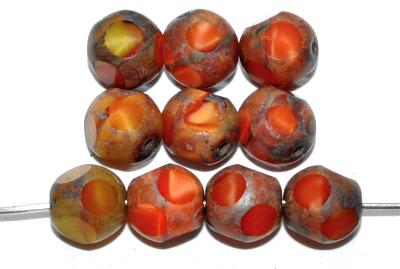 Glasperlen geschliffen
 Multi Cut Beads
 orange rot gelb Perlettglas
 und picasso finish,
 hergestellt in Gablonz / Tschechien