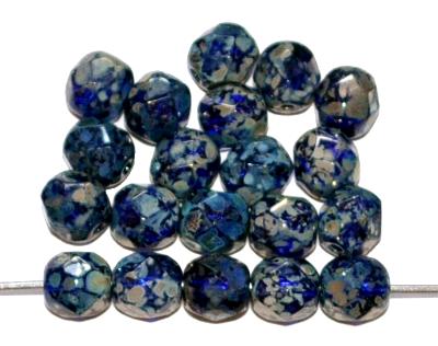 facettierte Glasperlen blau transp. mit burning silver picasso finish,, hergestellt in Gablonz / Tschechien