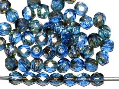 facettierte Glasperlen
 blau transp. mit metallic finish,
 hergestellt in Gablonz / Tschechien