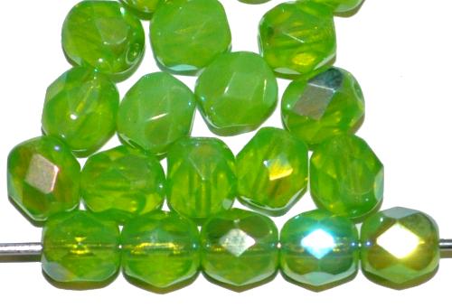 facettierte Glasperlen
 Opalglas grün mit AB,
 hergestellt in Gablonz / Tschechien
