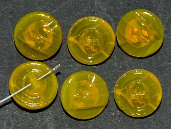 Glasknöpfe geprägt, gelb,
 In Gablonz/Böhmen um 1930 hergestellt.