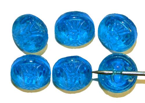 Glasknöpfe, Schneekristall eingeprägt, blau transp.,  Von der Firma Josef Feix in Johannesberg / Böhmen vor 1920 hergestellt.