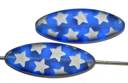 Glasperlen Oliven flach blau mattiert (frostet) mit metallic Ornament, hergestellt in Gablonz Tschechien
