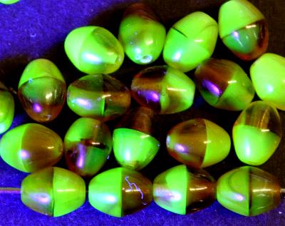 Glasperlen Olive Uranglas gelb topas, leuchten unter Schwarzlicht, hergestellt in Gablonz / Tschechien