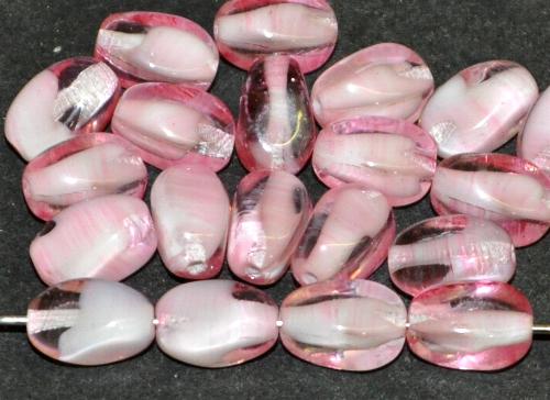 Glasperlen Oliven kantig,
 rosa kristall weiß,
 hergestellt in Gablonz / Tschechien