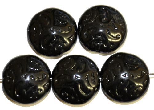 Glasperlen linsen
 schwarz mit eingeprägtem Ornament,
 hergestellt in Gablonz / Tschechien