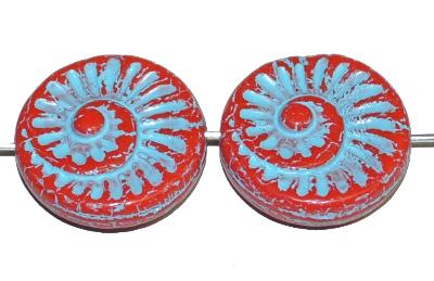 Glasperlen Scheiben mit auf der Vorder-und Rückseite eingeprägtem fosielem Ammoniten, rot opak mit Farbauflage, hergestellt in Gablonz / Tschechien