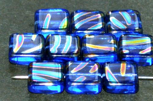 Glasperlen Quadrate, blau transp. mit metallic Ornament, hergestellt in Gablonz / Tschechien