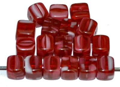 Glasperlen Würfel, Mischglas rot weiß marmoriert, hergestellt in Gablonz / Tschechien