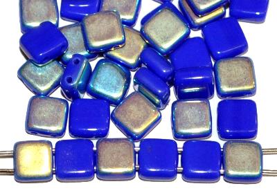Glasperlen mit zwei Löchern, Twin Hole Beads blau opak mit AB, hergestellt in Gablonz / Tschechien