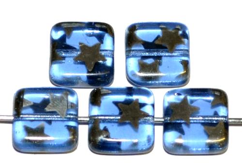 Glasperlen Quadrate blau transparent mit silber Sternen, hergestellt in Gablonz / Tschechien