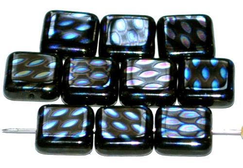 Glasperlen Quadrate, schwarz opak mit metallic Ornament, hergestellt in Gablonz / Tschechien