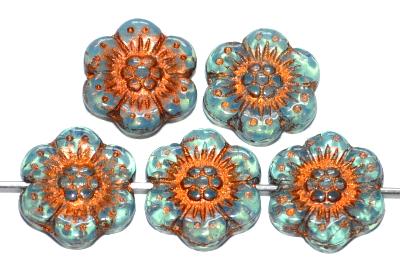 Glasperlen Blüten, Opalglas blau mit metallic finish, hergestellt in Gablonz / Tschechien