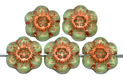 Glasperlen Blüten, grün transp. mattiert mit metallic finish, hergestellt in Gablonz / Tschechien