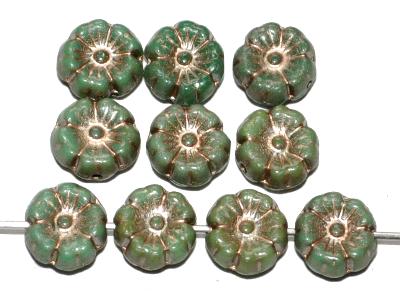 Glasperlen Blüten, türkis grün opak mit metallic finish, hergestellt in Gablonz / Tschechien
