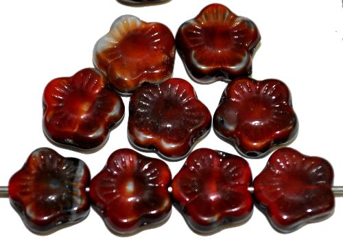 Glasperlen Blüten 
 rot opak marmoriert, 
 hergestellt in Gablonz / Tschechien