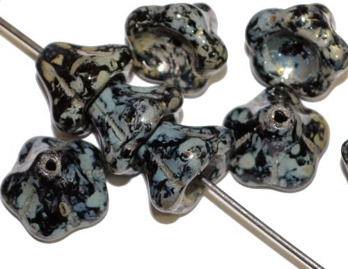Glasperlen Blüten, schwarz mit picasso finish, hergestellt in Gablonz / Tschechien